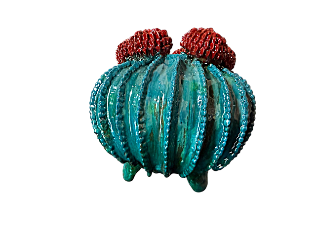 Biznaga de azul turquesa de barro vidriadocon vivos en rojo de San José de Gracia, Michoacán