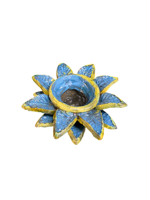 Candelabro alcachofa azul y amarillo, barro vidriado de San José de Gracía, Michocán