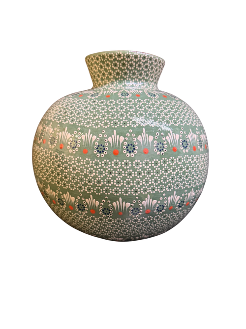 alfarería de capula Michoacán, Jarrón verde, técnica de capulineado ideal para decoración mexicana de lujo, Arte Popular Mexicano.