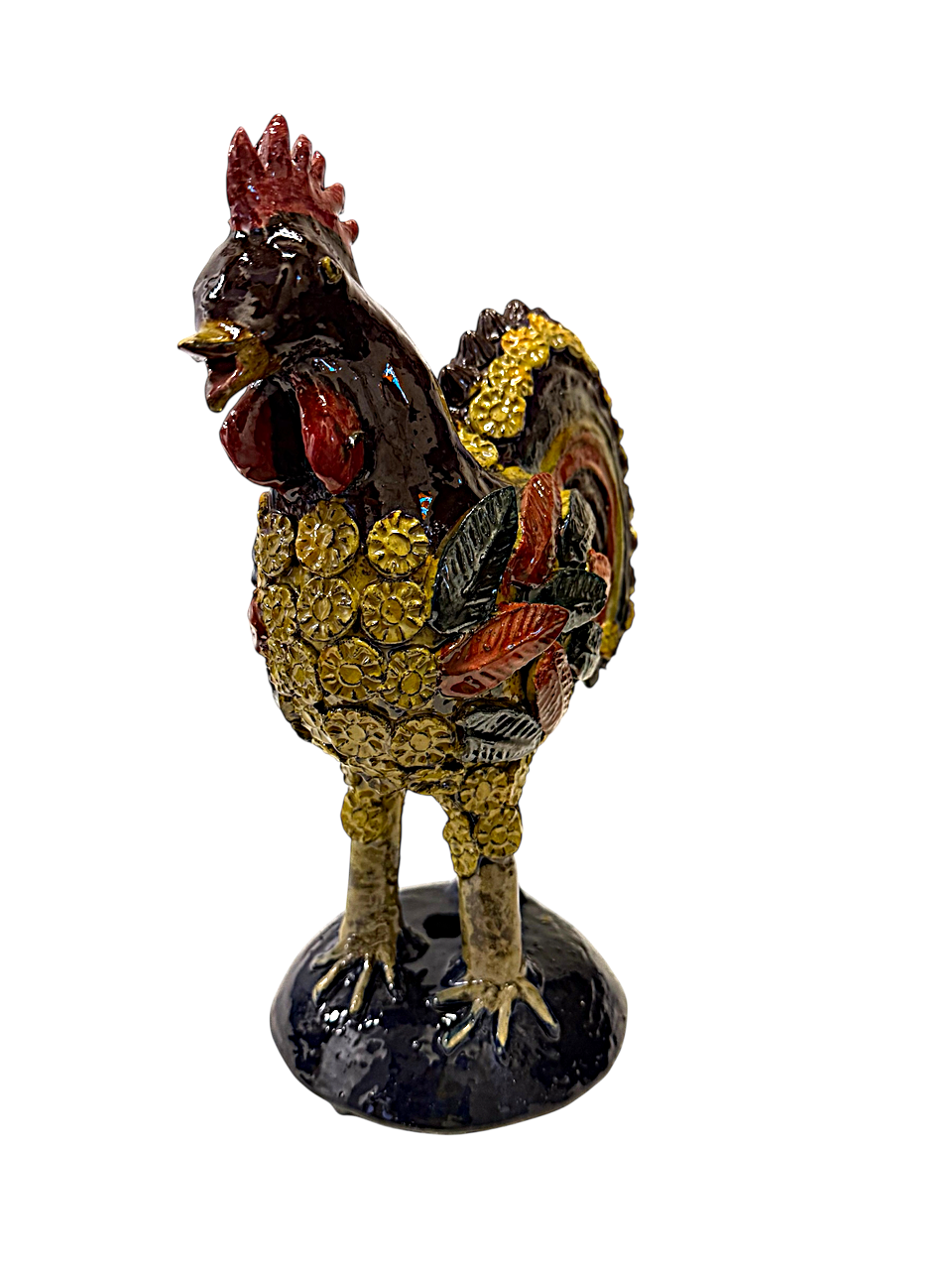 gallo artesanal de barro vidriado con técnica de pastillaje, pieza única de arte popular mexicano de la Sierra Purépecha de Michoacán.