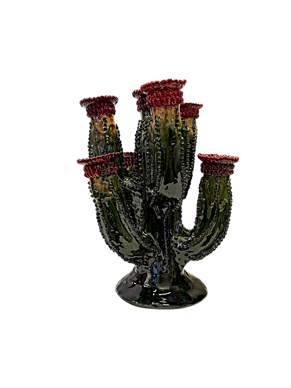 Candelabro de Cactus en Barro Vidriado Verde con Frutos Rojos | Mansion Iturbe Artisans Collection