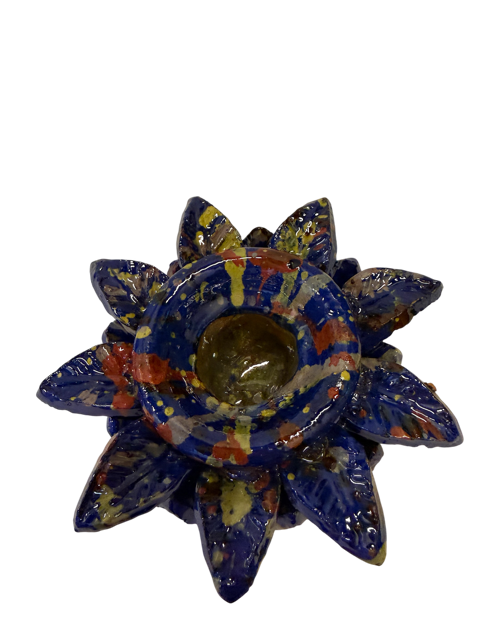 Candelabro de barro vidriado de San José de Gracia; Michacán, color azul y pinceladas de colores.