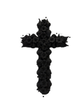 cruz de barro color negro de Capula, Michoacán, decorada con flores y mariposas en relieve minucioso, Mansion Iturbe Artisans Collection, trabajando con mujeres artesanas para un comercio justo