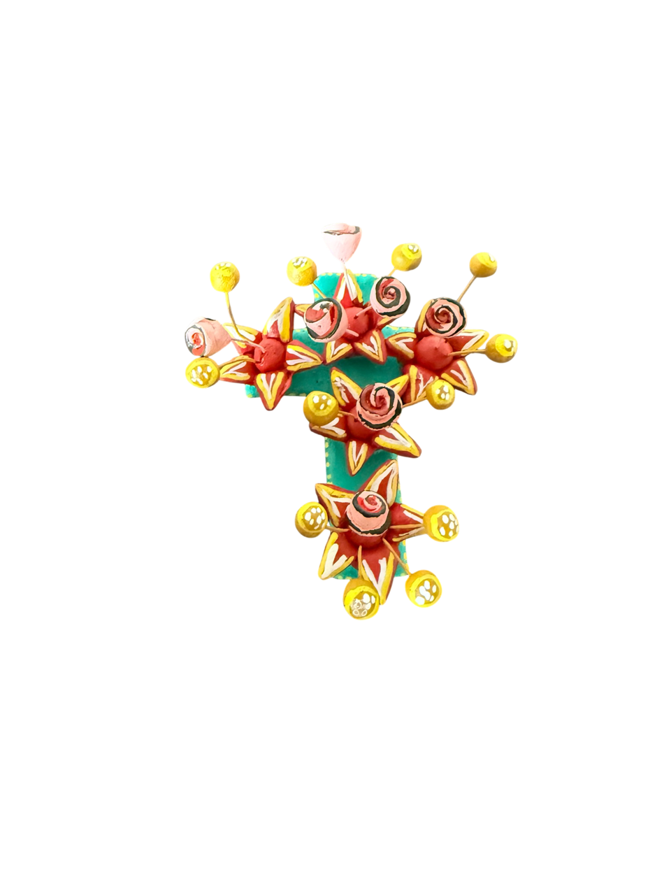Cruz de barro mini de ocumicho. Arte Popular Michoacano, emponderamiento femenino, comercio justo. Regala artesanías mexicanas