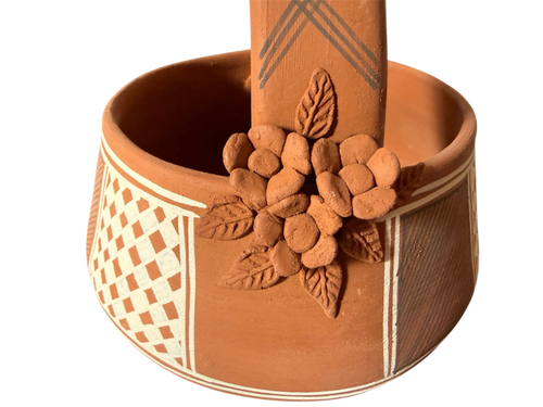 Acercamiento detallado de las flores de pastillaje de barro natural esculpidas a mano, ubicadas en la unión de la agarradera de la canasta.