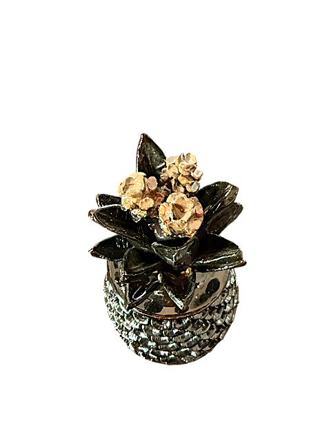 Piña Negra de Barro Vidriado con Penacho de Piñitas Cafés - Mansion Iturbe Artisans Collection