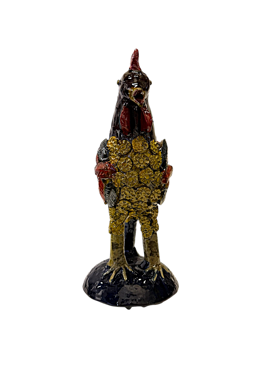Gallo de barro vidriado multicolor hecho a mano en San José de Gracia, Michoacán, disponible en Mansión Iturbe Artisans Collection
