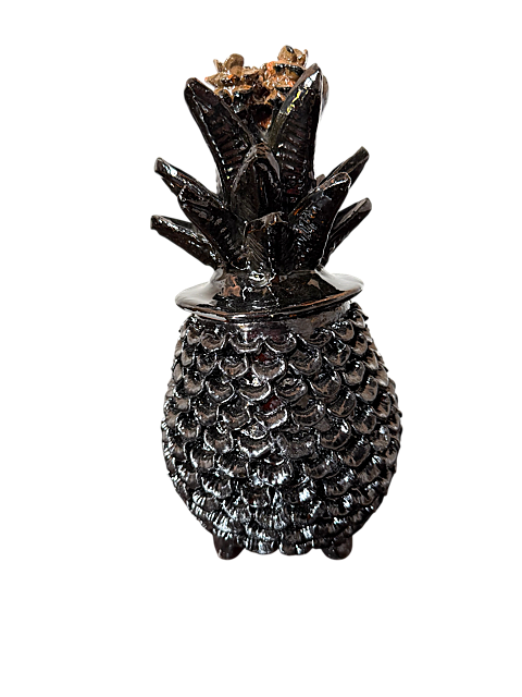 Piña Negra de Barro Vidriado con Penacho de Piñitas Cafés - Mansion Iturbe Artisans Collection