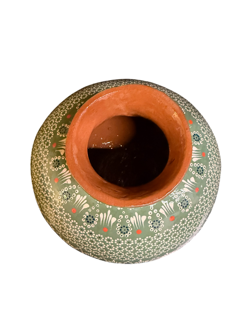 Alfarería de Capula: Jarrón Redondo con Técnica de Capulineado en Verde y Blanco – Mansion Iturbe Artisans Collection